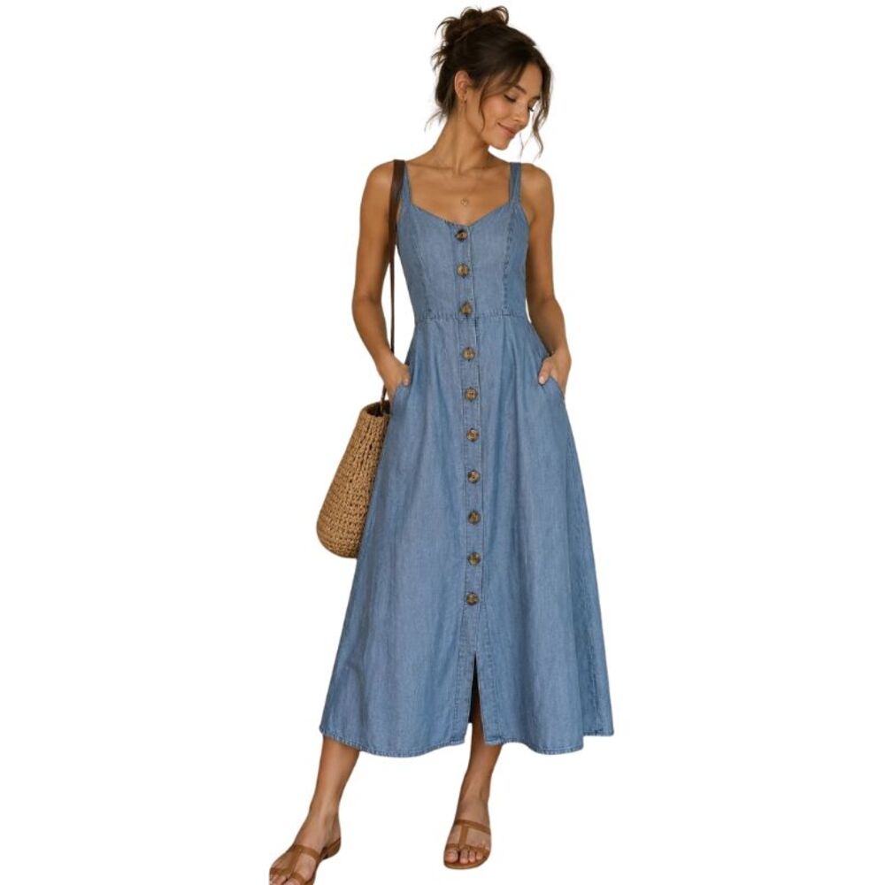 Bershka Chambray Sundress Womens Sz S Button Front Midi Lyocell Coastal Cottage